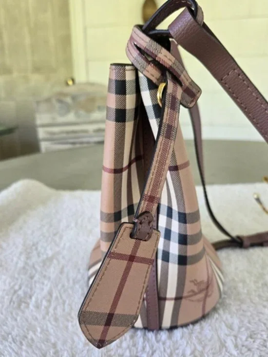 Burberry Haymarket Check Lorne Bucket Crossbody- Light Elderberry - Picture 10 of 11